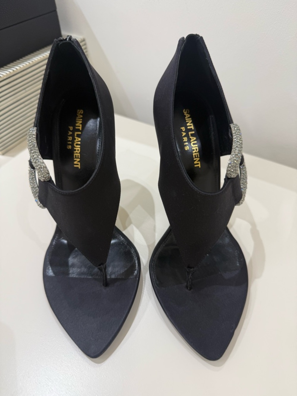Saint Laurent Black Satin T-Strap Heels with Crystal Buckles - Picture 2 of 6